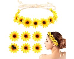 Zonnebloem-haarbandenset met 1 haarband en 6 zonnebloemhaarspelden - Bloemenkrans voor bruidsfotografie