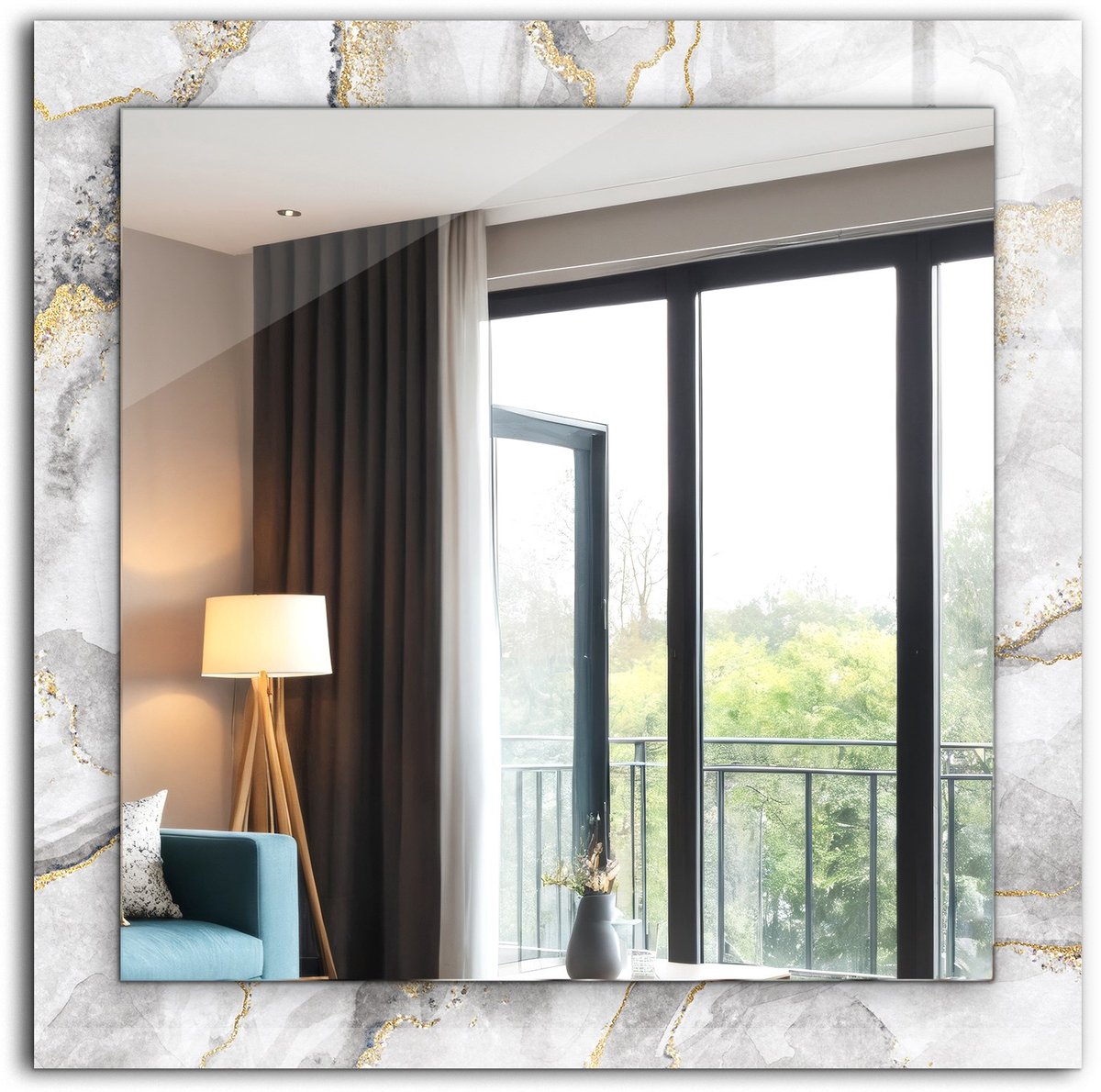 Tulup Spiegel - Vierkante Spiegel - Spiegel op gehard Glas - Grijs marmer met aders - 60 x 60 cm - Spiegel met decoratief motief - Badkamerspiegel - Gangspiegel - Eetkamer - Make-up Spiegel - Luxe Spiegel - Spiegel Met Haken