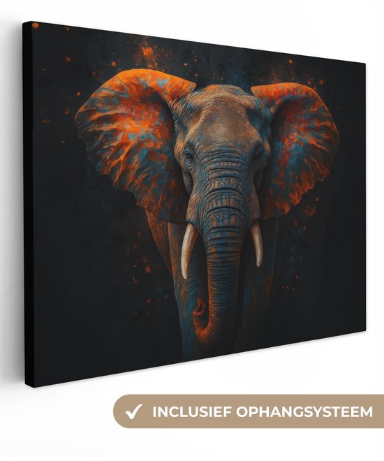 Zijaanzicht van een olifantenschilderij met oranje en blauwe details, inclusief ophangsysteem.