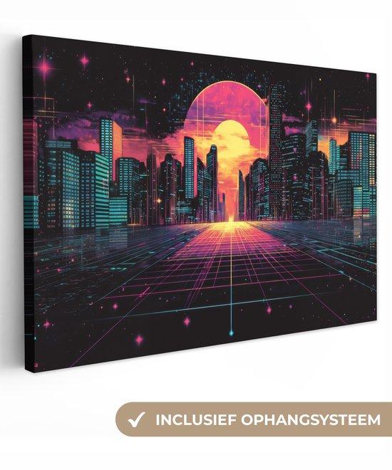 Canvas schilderij 180x120 cm - Exclusieve wanddecoratie Stad - Gebouwen - Zon - Geel - Muurdecoratie game room - Gaming kamer decoratie - Gameroom accessoires - Schilderijen