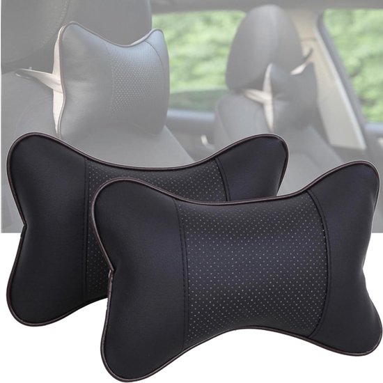 JGS Premium - Lederen Autokussen 2 Stuks voor Comfortabel Reizen - Zwart - Auto Hoofd Nek Rust Bot Kussen.