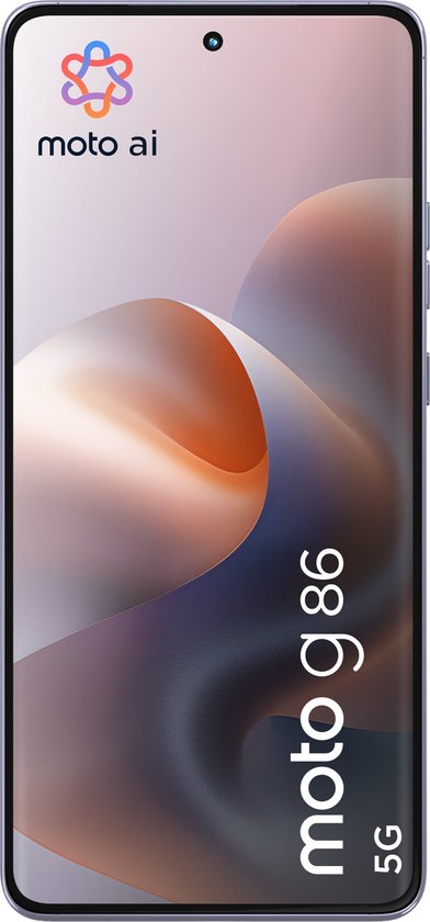 Lichtpaarse smartphone met 'moto ai' en 'moto g 86 5G' op het scherm.