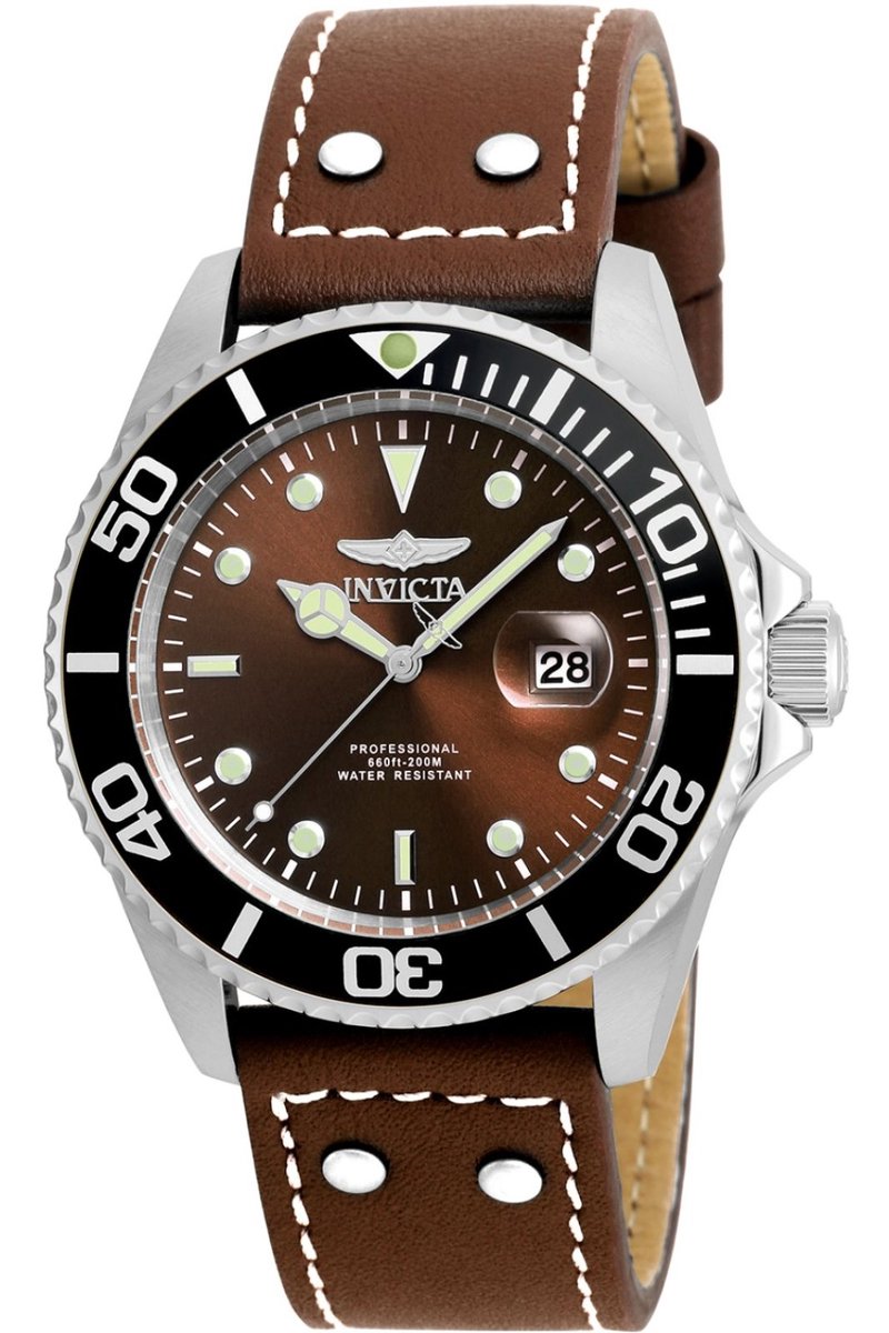Invicta Pro Diver 22070 Heren Horloge - Waterdicht - Analoog - Quartz Uurwerk - Roestvrij Staal met bruine Wijzerplaat - 43mm