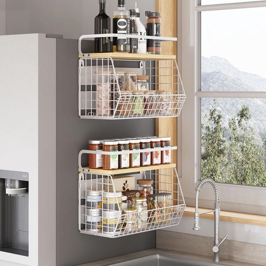 Hangende fruitmand, keukenorganizer, fruitschaal, hangende mand keuken, muur fruitmand met houten deksel, fruit- en groentemand voor aanrecht, ui en aardappelsnackbroodhouder (groot