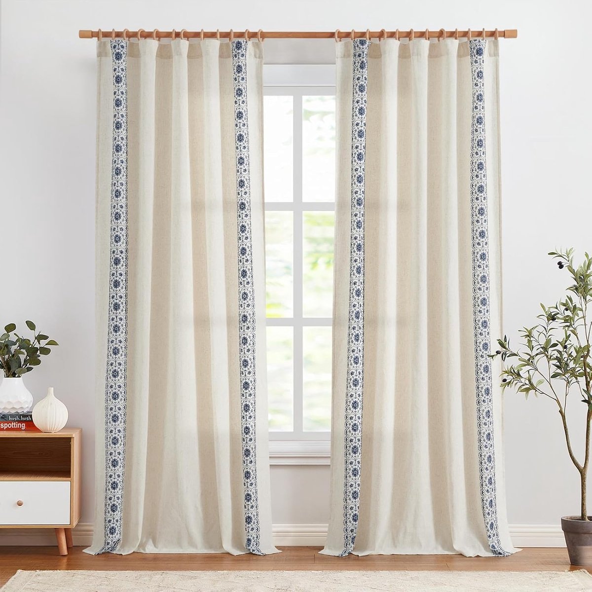 Linnen gordijnen met bloemen - boho stijl - set van 2 - wit op beige - 140 x 245 cm