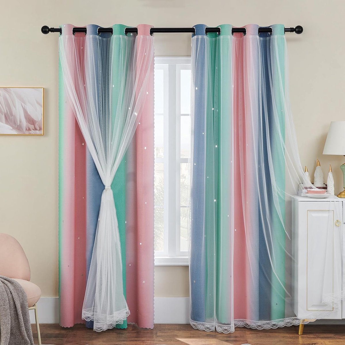 Decoratiegordijnen slaapkamer - dubbelzijdig, voile - 213 cm - roze/groen