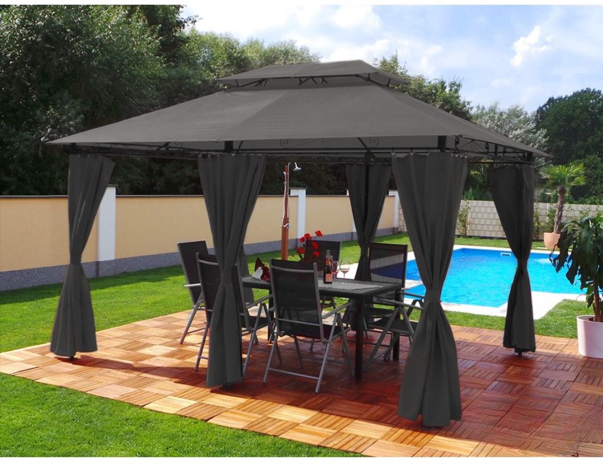 Yolo-deals - Tuin Prieel DeLuxe met LED verlichting - Solar - 3x4M - UV bestendig - Incl zijwanden - Antraciet