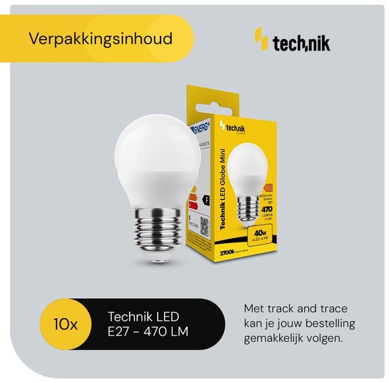 Technik Lampe LED E27 4,9W - 470lm - 2700K - Wit Chaud - LED Globe Mini P45 - Remplace l'Ampoule Halogène 40W - 10 pièces