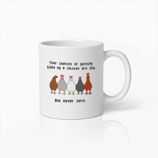 Tasse à café humoristique avec texte de Kip – « Vos chances d'être tué par un Kip sont faibles, mais jamais nulles » – Cadeau Humour pour les amoureux des animaux