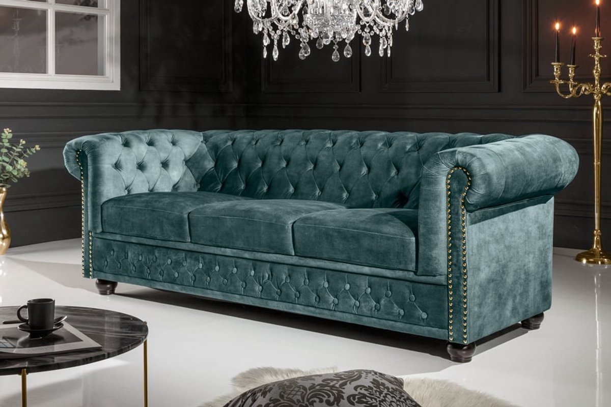 Chesterfield 3-zitsbank 205cm petrol fluweel gouden klinknagels loungebank met veerkern - 43091