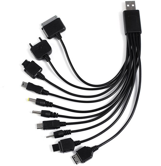 Multilader kabel met USB-aansluiting en diverse connectoren, waaronder Apple 30-pin, Mini USB en Micro USB.