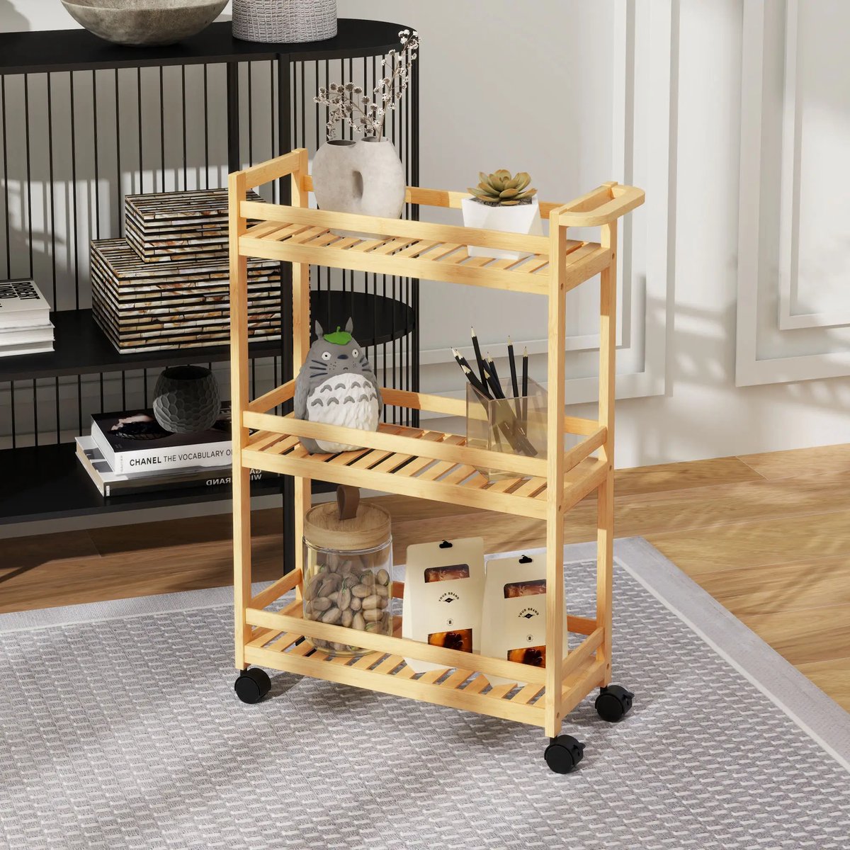 Pugsdrly Dienwagen, 3 niveaus, lamellenbodems, uitvalbeveiliging, bamboe, 55 x 20 x 75 cm