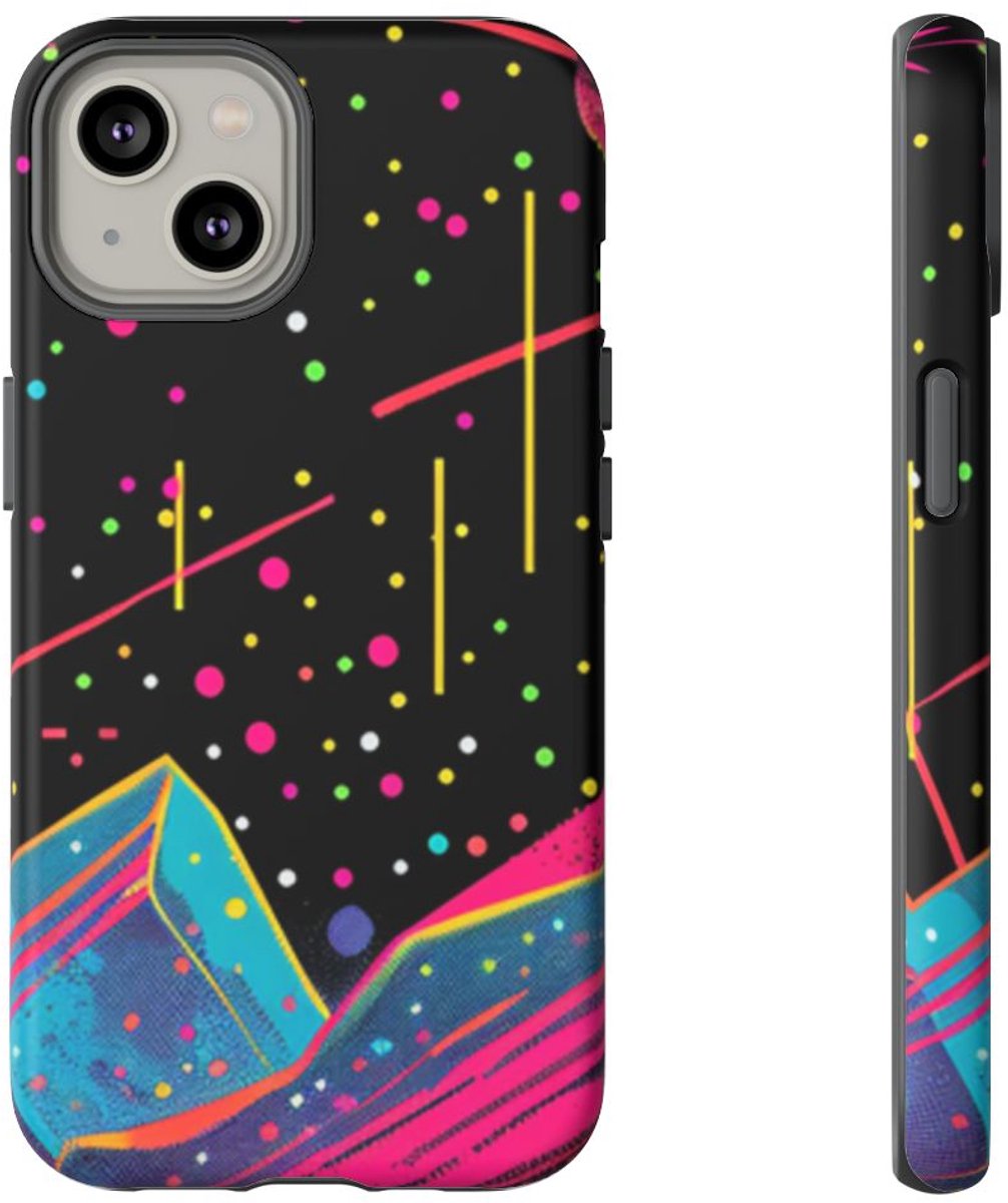 Neon Kosmisch Landschap met Planeten en Zon – Telefoonhoesje Geschikt voor iPhone 14