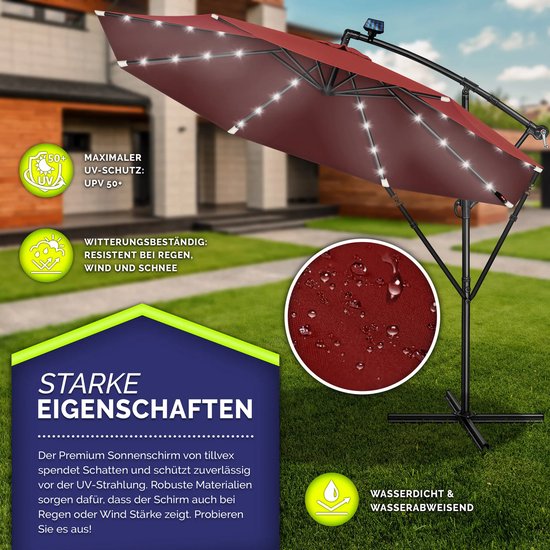Parasol déporté de Luxe Tillvex ® Ø 350 cm – Rouge – Avec éclairage LED et Solar – Protection UV50+ – Étanche – Structure en aluminium – Rotatif et avec Kurbel – Pied de parasol inclus