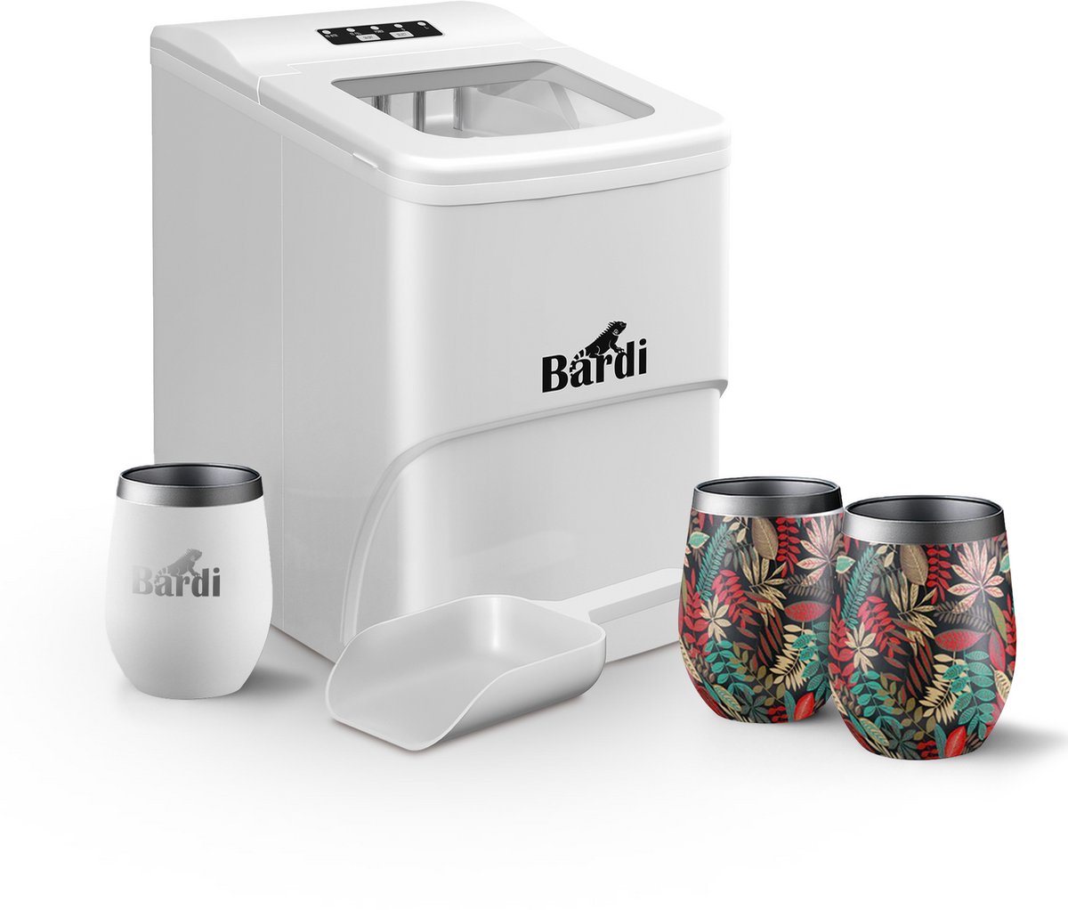 Bardi Deluxe ijsblokjesmachine set – 2L – Wit– Inclusief 3 Luxe Thermosbekers en ijsschep – Jungle