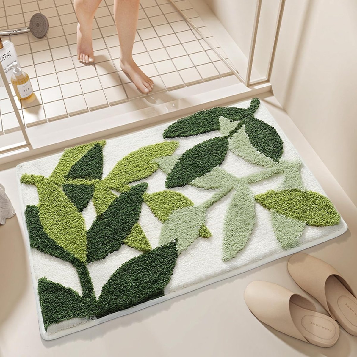 Badmat antislip - Antislipbadmat - 50x80cm - duurzaam waterabsorberend badkamertapijt - machinewasbaar - zachte en comfortabele deurmat - groene bladeren - Antislip - Deurmat