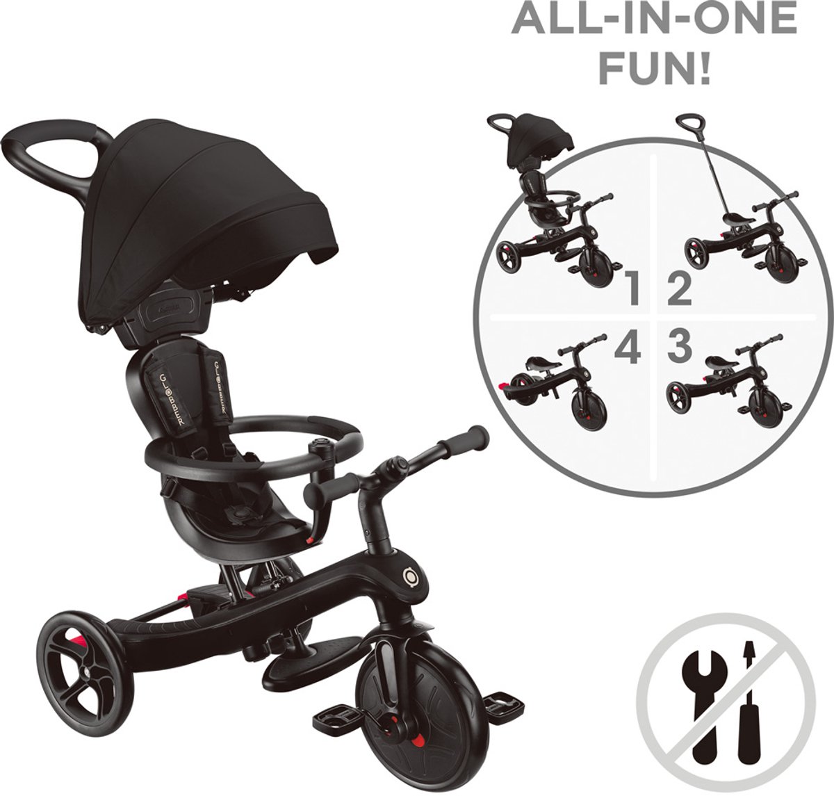Driewieler - Globber Trike 4 in 1 in Black - zwart - 4in1 converteerbaar - met duwstang - vanaf 10 maanden tot 5 jaar