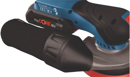 Bosch excenterschuurmachine met ProCORE 18V 4.0Ah batterij en zwarte stofzak.