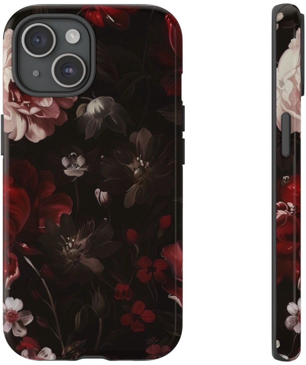 Donker Bloemmotief met Glans – Telefoonhoesje Geschikt voor iPhone 15