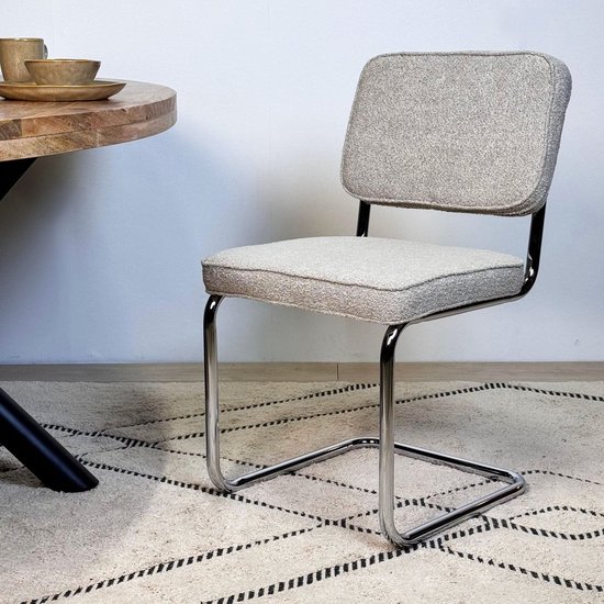Chaise de salle à manger moderne Dimehouse en tissu bouclé couleur sable Sway - Structure chromée - Sans accoudoirs - Tissu - Moderne