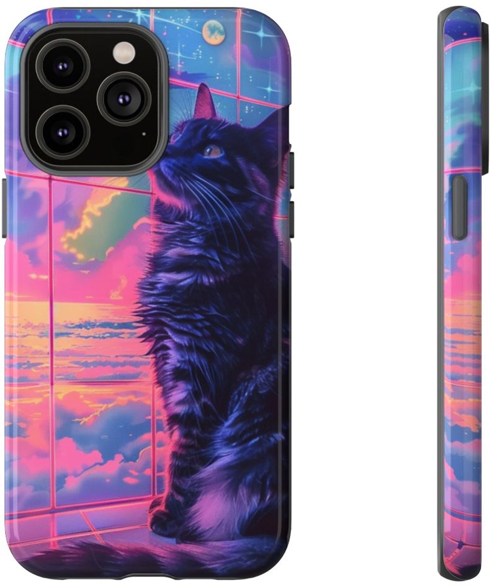 Lofi Vaporwave Kat met Neonlucht – Telefoonhoesje Geschikt voor iPhone 14 Pro Max