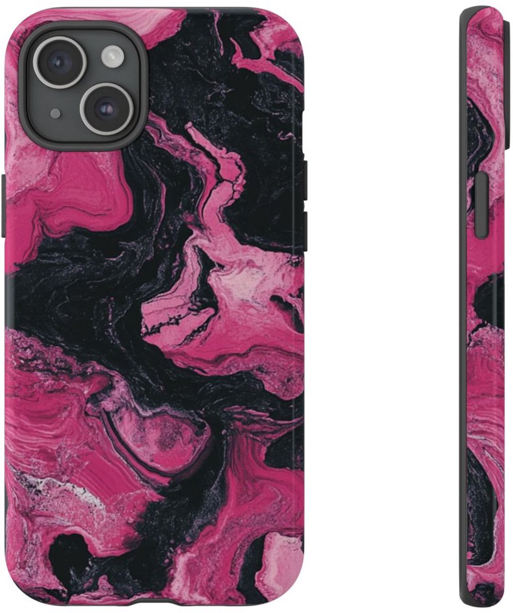 Roze en Zwarte Marmer Abstracte Textuur – Telefoonhoesje Geschikt voor iPhone 15 Plus