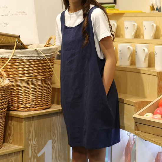 Japanse kruisrugschort, katoenen linnen keukenschort met zijzakken voor tuinieren, schilderen, koken, bakken, koffie zetten, doe het zelf knutselen