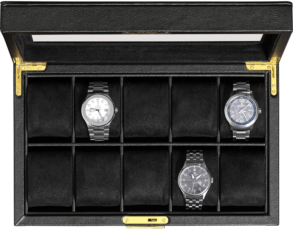 ROTHWELL leren horlogebox met 10 compartimenten - luxe horlogekast, organizer voor horloges, ultrazachte micro suède voering, afsluitbare sieradenhorlogehouder met grote glazen bovenkant