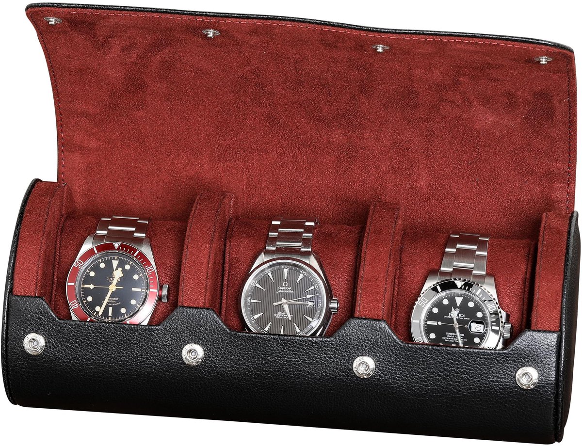 ROTHWELL Horlogerol Reiskoffer voor 3 Horloges | Robuuste draagbare bescherming, past op alle polshorloges en smartwatches tot 50 mm (Zwart-Rood)