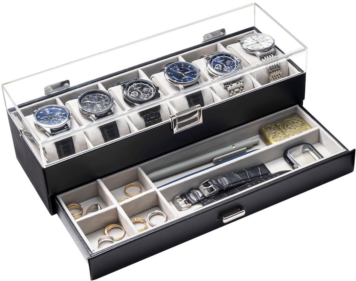 ProCase Horlogebox met 6 compartimenten, Horlogekast met lade, Herenhorlogebox, Horlogeopbergbox Horlogekast Horlogebox voor heren, Horlogeopbergbox - 6 compartimenten, Zwart