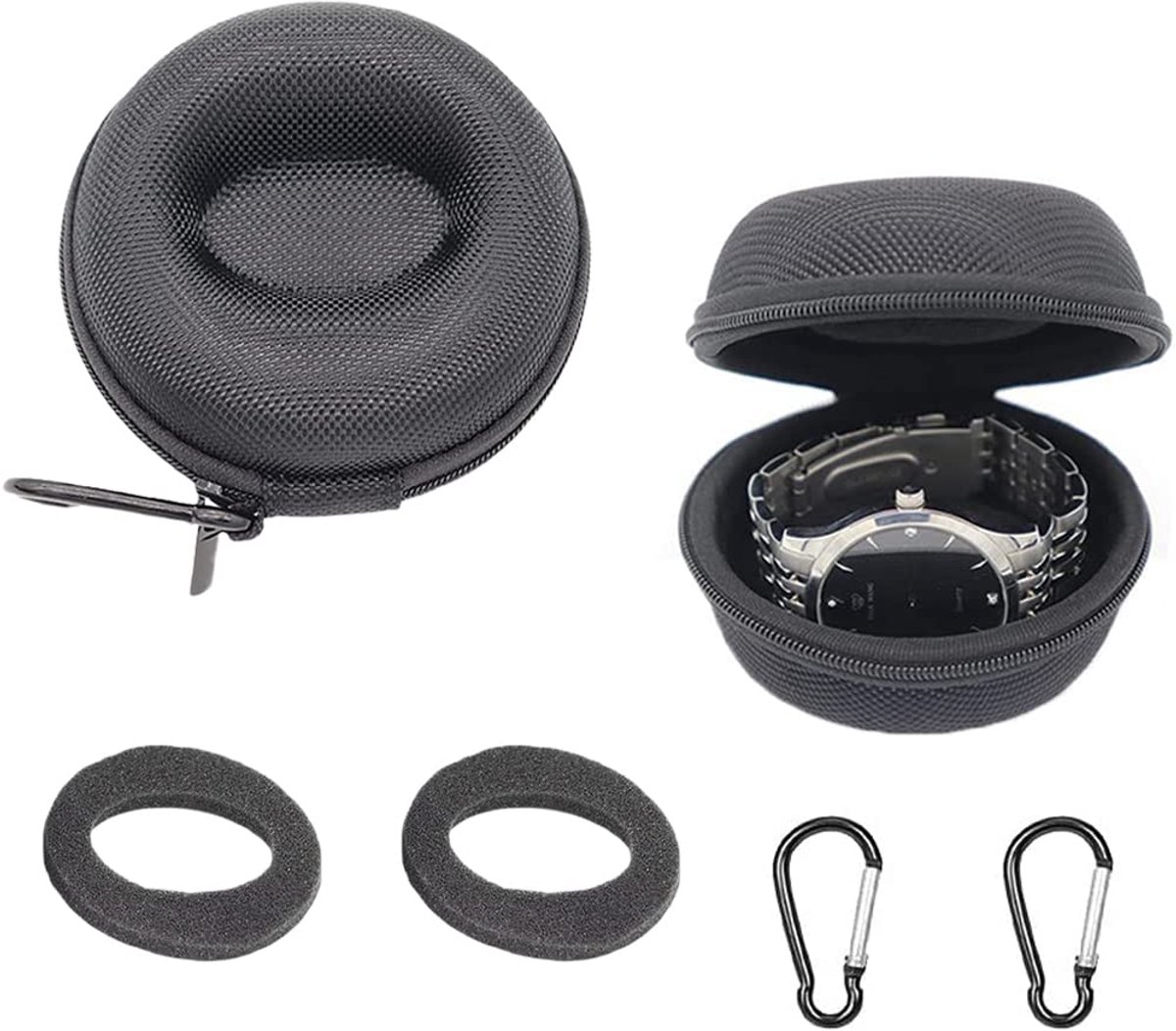 2-pack horlogebox voor op reis, horloge-opbergdoos, ronde horlogebox, enkele horlogebox, met karabijnhaak en zachte vilten binnenkant, voor het opbergen van horloges, smartwatches, koptelefoons, kettingen en armbanden
