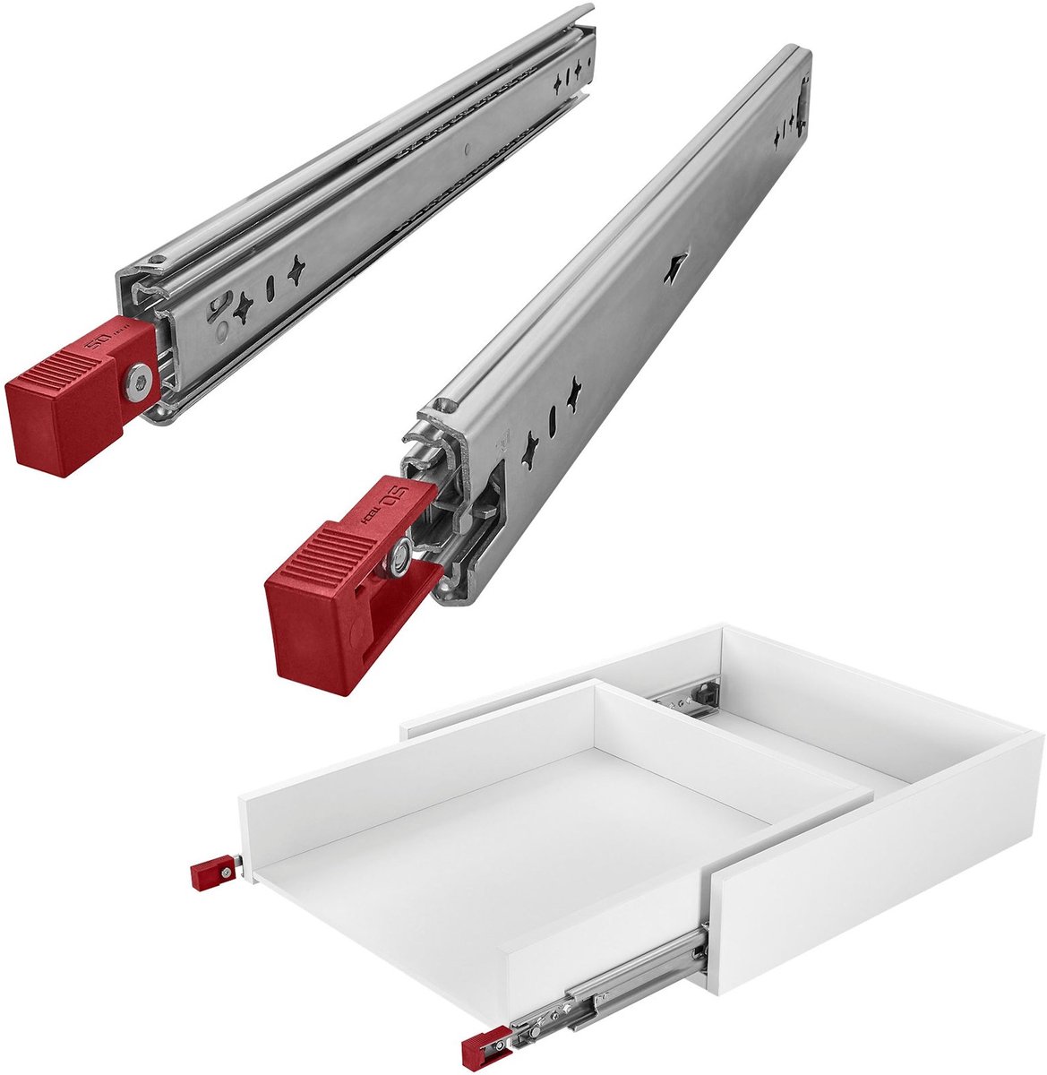 1 paar SOTECH VarioSlide KV2-100-H53-L400-EH 400 mm zware ladegeleiders met vergrendelings-/vergrendelingsfunctie en rode hendel. Volledig uittrekbaar, belastbaar tot 100 kg.