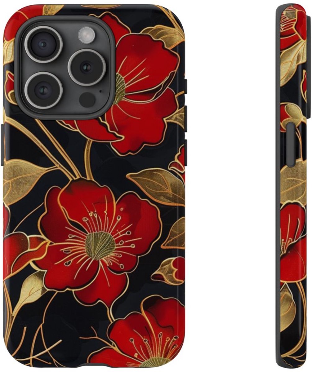 Rood-Gouden Bloemenpatroon – Telefoonhoesje Geschikt voor iPhone 15 Pro