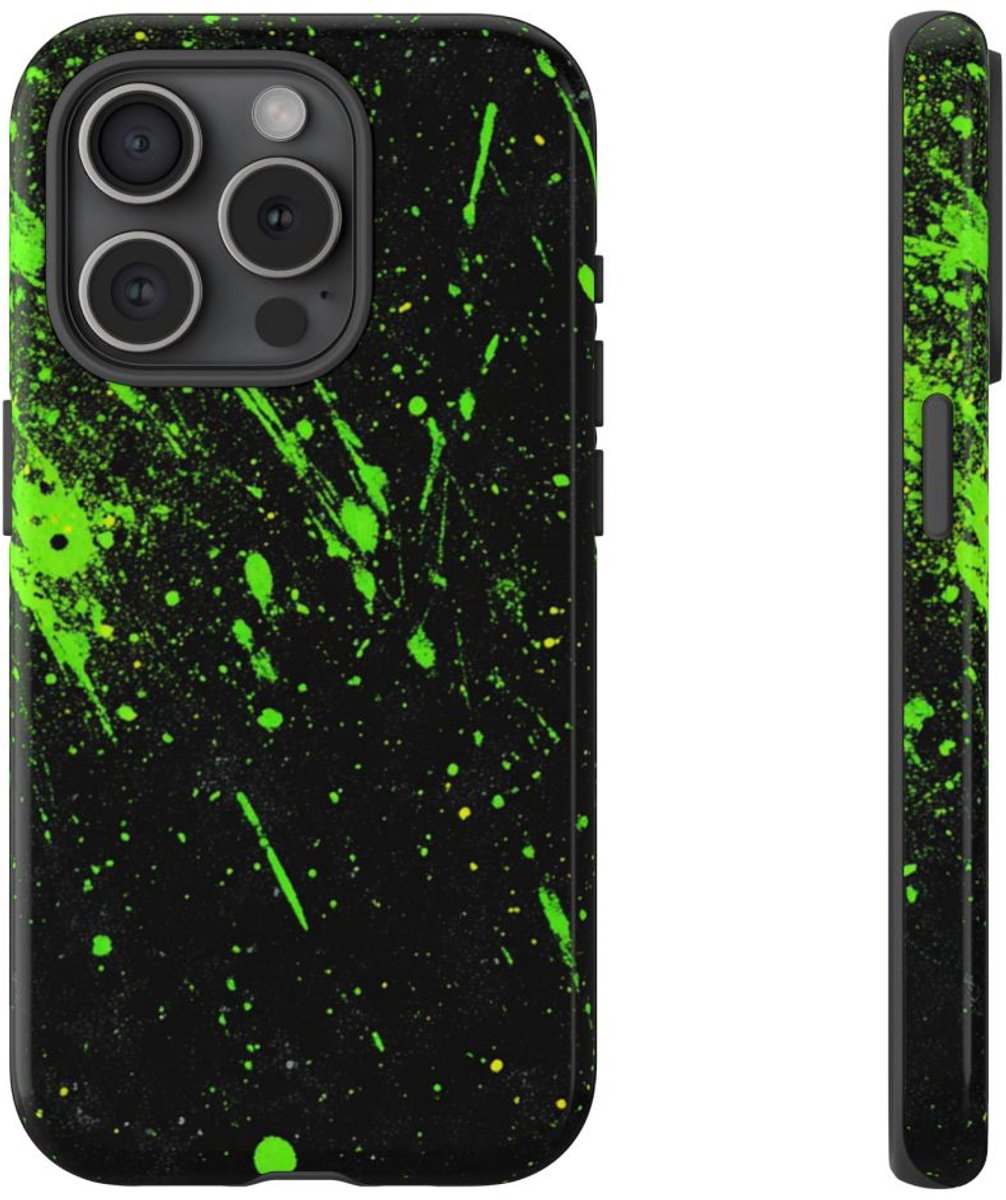 Neon Groene Spetters op Zwarte Achtergrond – Telefoonhoesje Geschikt voor iPhone 15 Pro