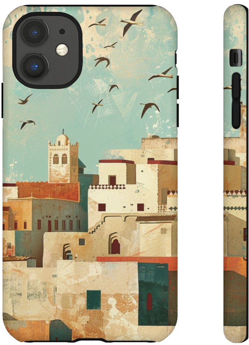 Illustratie van Marokkaanse Kustplaats – Mat Hoesje Geschikt voor iPhone 11