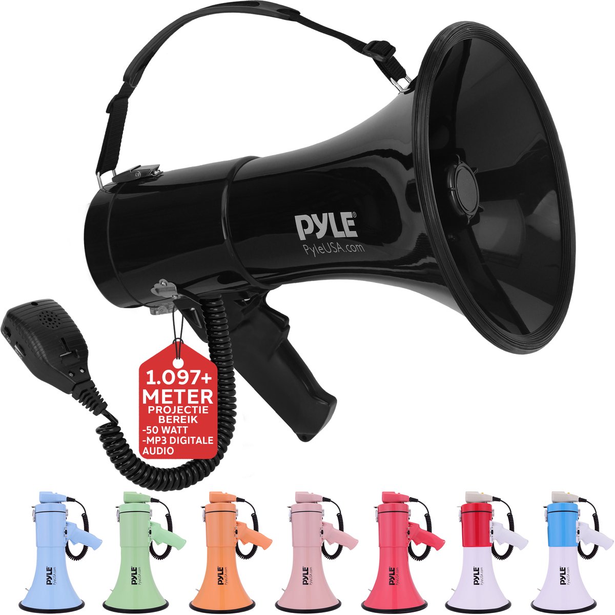Pyle Megafoon Speaker – 50 Watt Draagbare PA Bullhorn met Sirene en Verstelbaar Volume – 50 Watt – Bereik tot 1100 m²