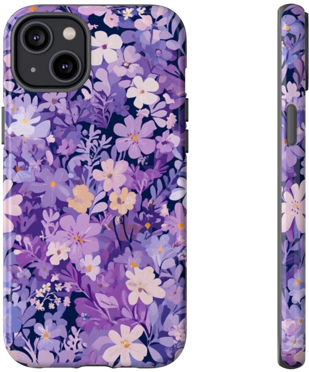 Paars Bloemenpatroon – Telefoonhoesje Geschikt voor iPhone 14 Plus