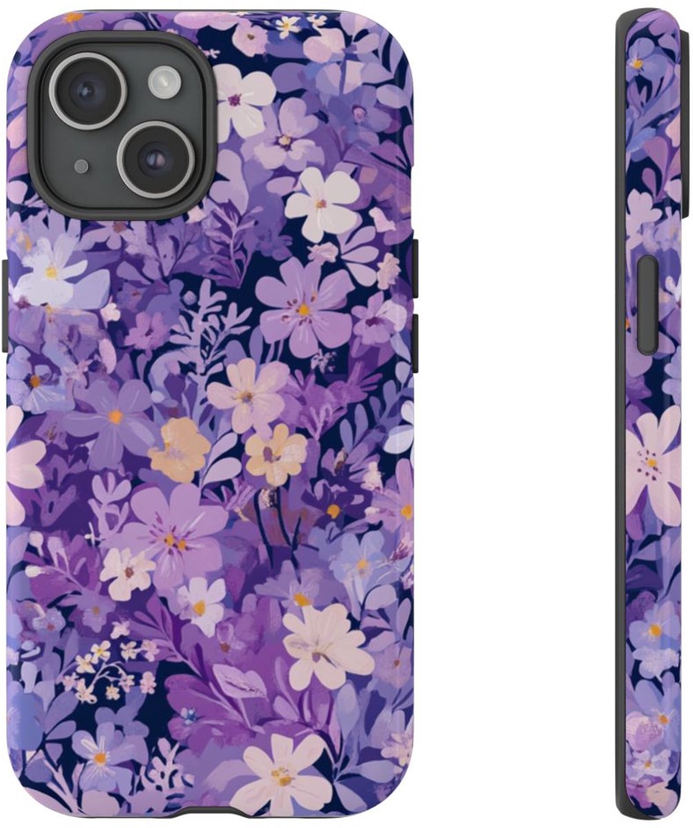 Paars Bloemenpatroon – Telefoonhoesje Geschikt voor iPhone 15