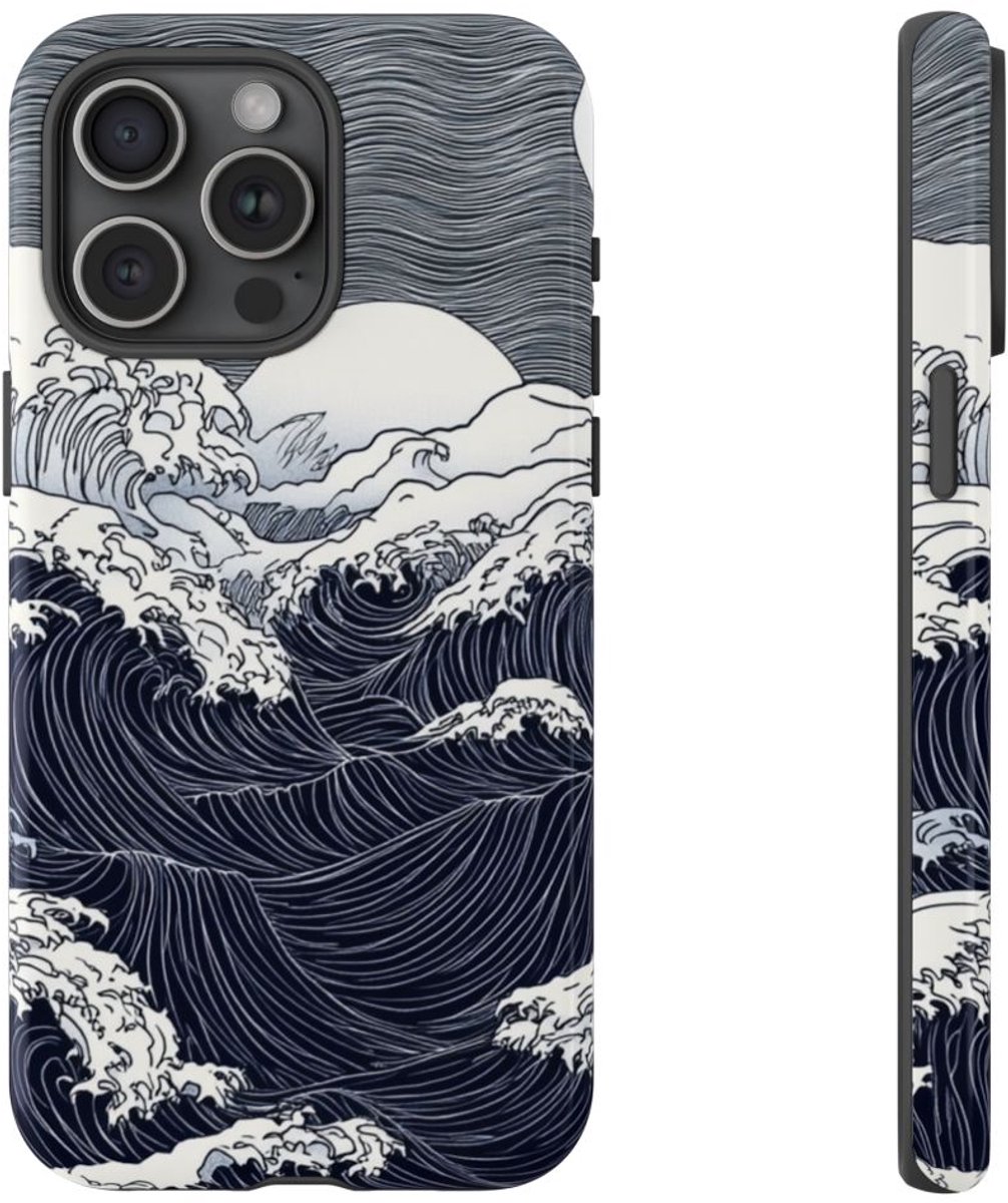 Monochrome Oceaangolven met Maan – Telefoonhoesje Geschikt voor iPhone 15 Pro Max