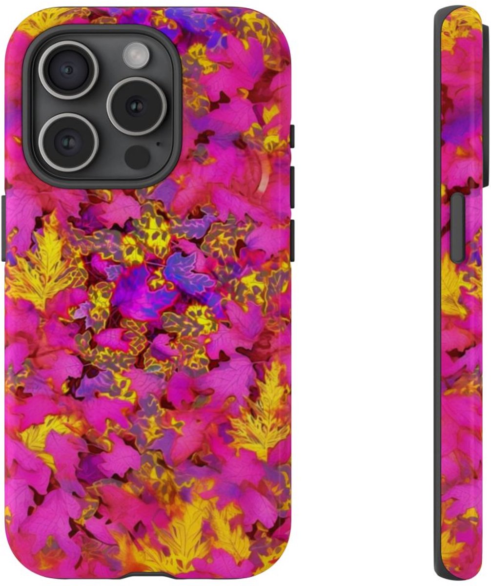 Levendig Roze-Geel Bladerenpatroon – Telefoonhoesje Geschikt voor iPhone 15 Pro