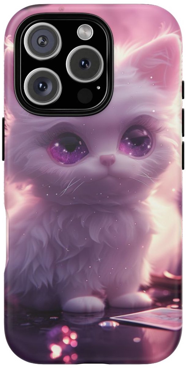 Witte Fluffy Kat met Paarse Ogen – Telefoonhoesje Geschikt voor iPhone 16 Pro