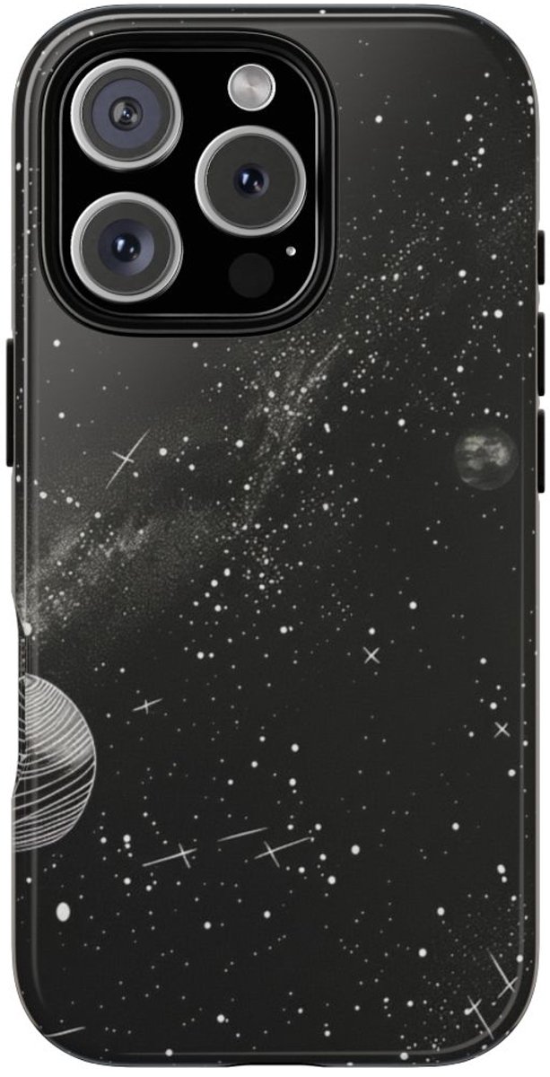 Monochrome Illustratie van het Zonnestelsel – Telefoonhoesje Geschikt voor iPhone 16 Pro