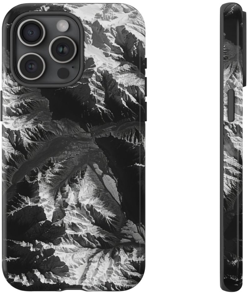 Zwart-Wit Berglandschap – Telefoonhoesje Geschikt voor iPhone 15 Pro Max