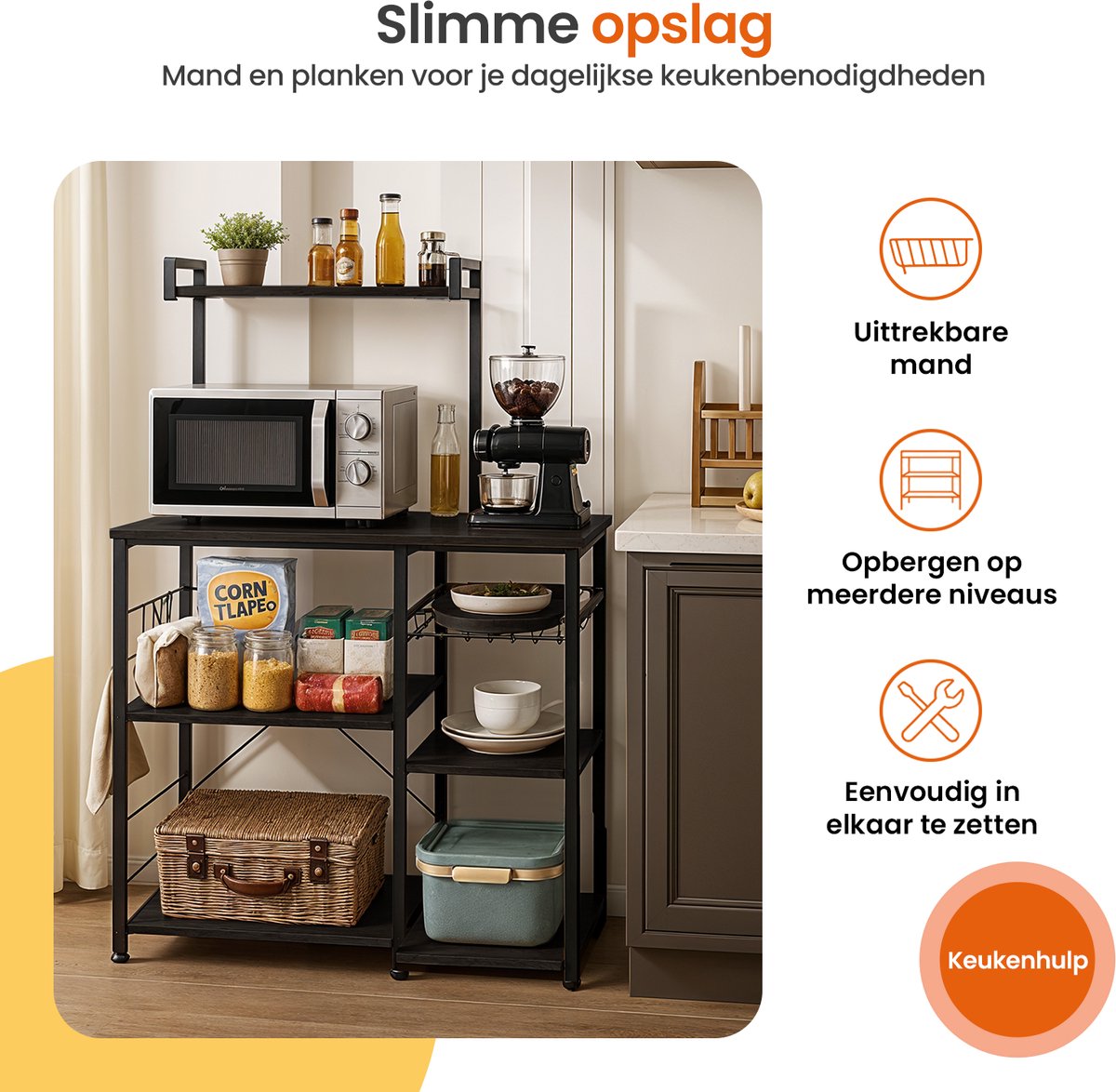 Goliving Keukenkast – Keukenrek Staand – Magnetronkast – Organizer – Metaal – Hout – 90 x 40 x 132 cm – Zwart — cadeau in Cadeau-ideeën - foto 8