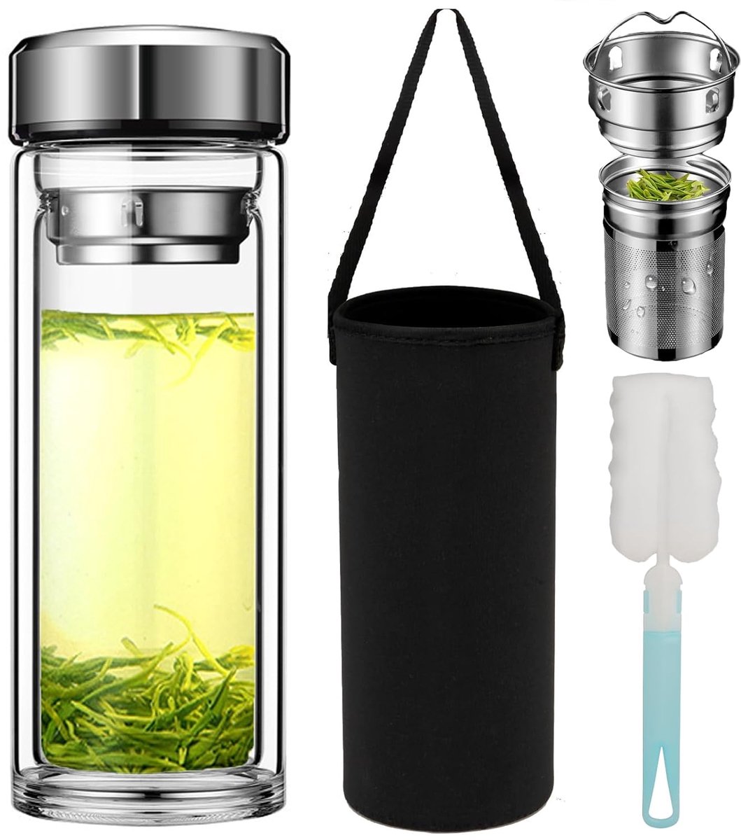 Penelife Theefles met zeef to go 1 l - glazen fles 1 liter met roestvrijstalen zeef - theefles 1 l van borosilicaatglas met draaibaar bamboe deksel en neopreen beschermhoes - grijs