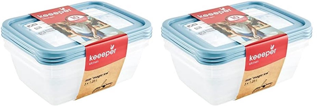 keeeper 3-delige diepvriescontainerset, herschrijfbaar deksel, 3 x 1,25 l, 20,5 x 15,5 x 6,5 cm, Mia Magic Ice, Nordic Blue (verpakking van 2)
