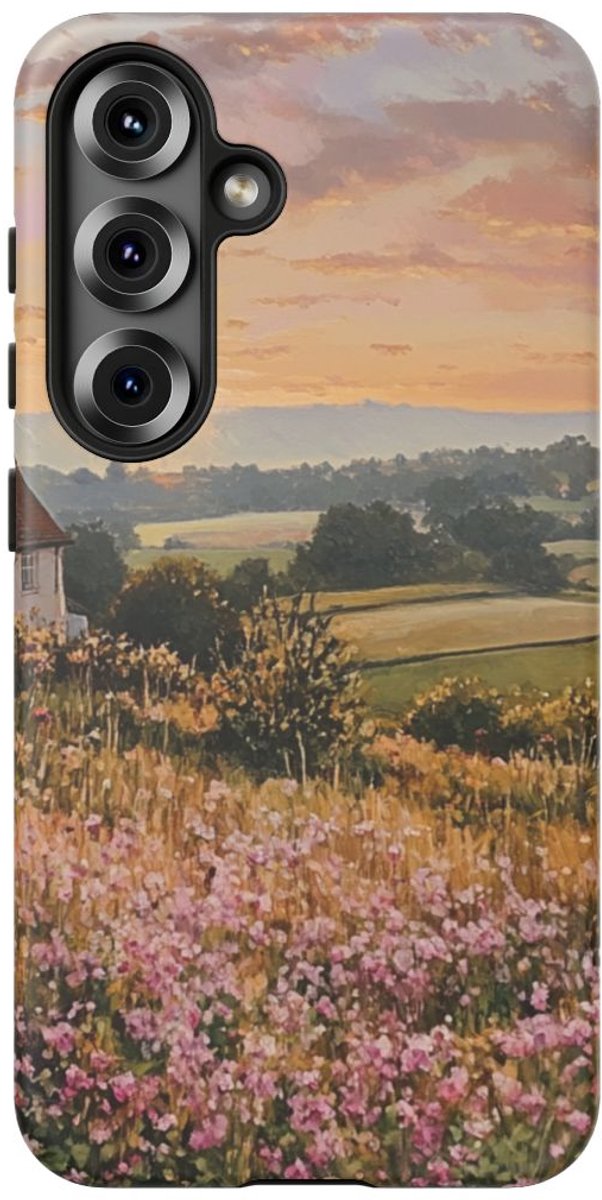 Landelijk Ochtendlandschap met Roze Bloemen – Telefoonhoesje Geschikt voor Galaxy S25