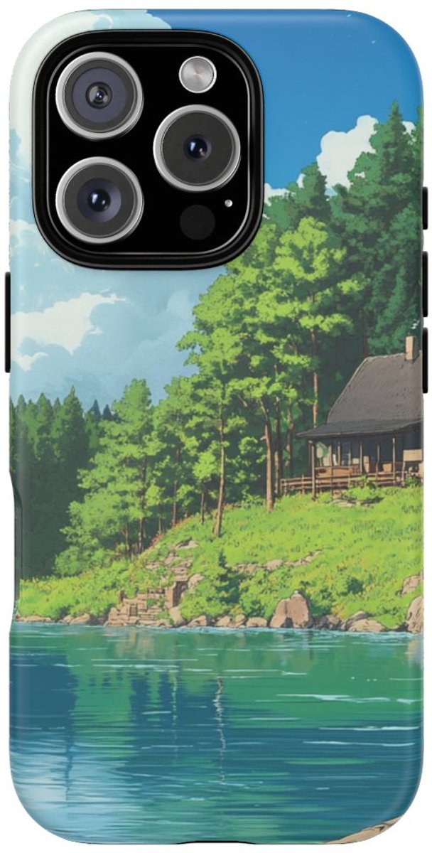 Landschap met Bosrijke Blokhut aan het Meer – Telefoonhoesje Geschikt voor iPhone 16 Pro