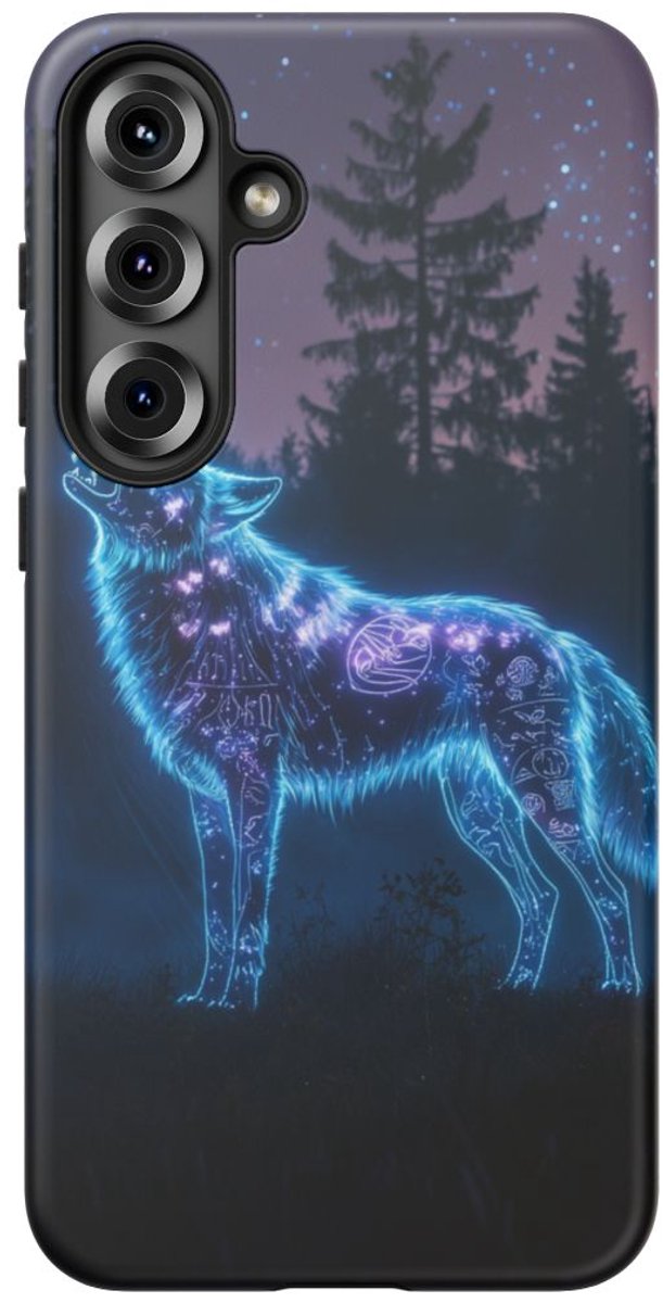 Gloeiende Wolf Huilend Onder Sterren – Telefoonhoesje Geschikt voor Galaxy S25 Plus