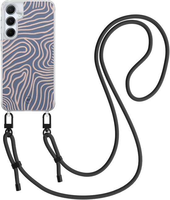 Coque de téléphone transparente avec motif de lignes violettes, pour Samsung Galaxy A35 5G, avec cordon noir drapé.